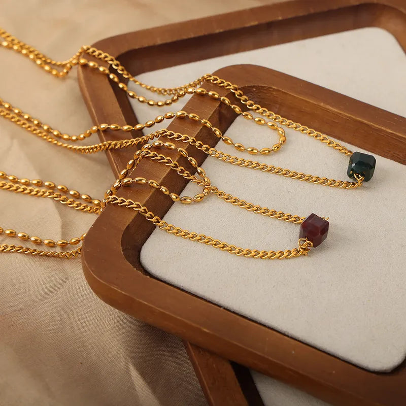 Simple Style Geometric Titanium Steel Plating Inlay Agate 18k Gold Plated Double Layer Necklaces