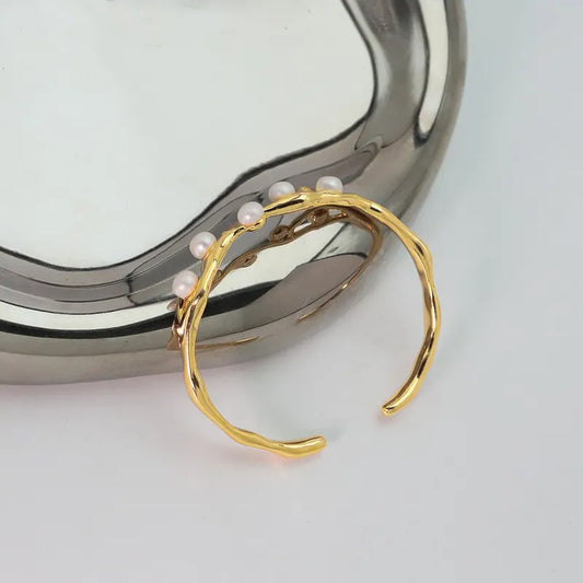 Simple Style Solid Color Copper Plating Inlay Freshwater Pearl 18k Gold Plated Bangle