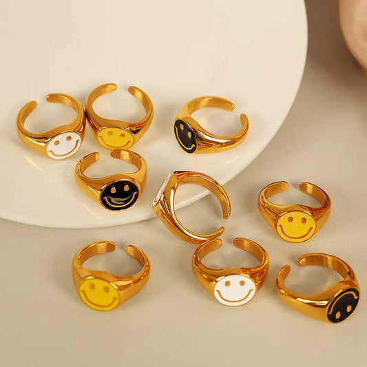 Smile Face Titanium Steel Plated 18K Gold Ring Dripping Oil Retro Simple Design Cute Smile Face Open Ring Advanced Ornament