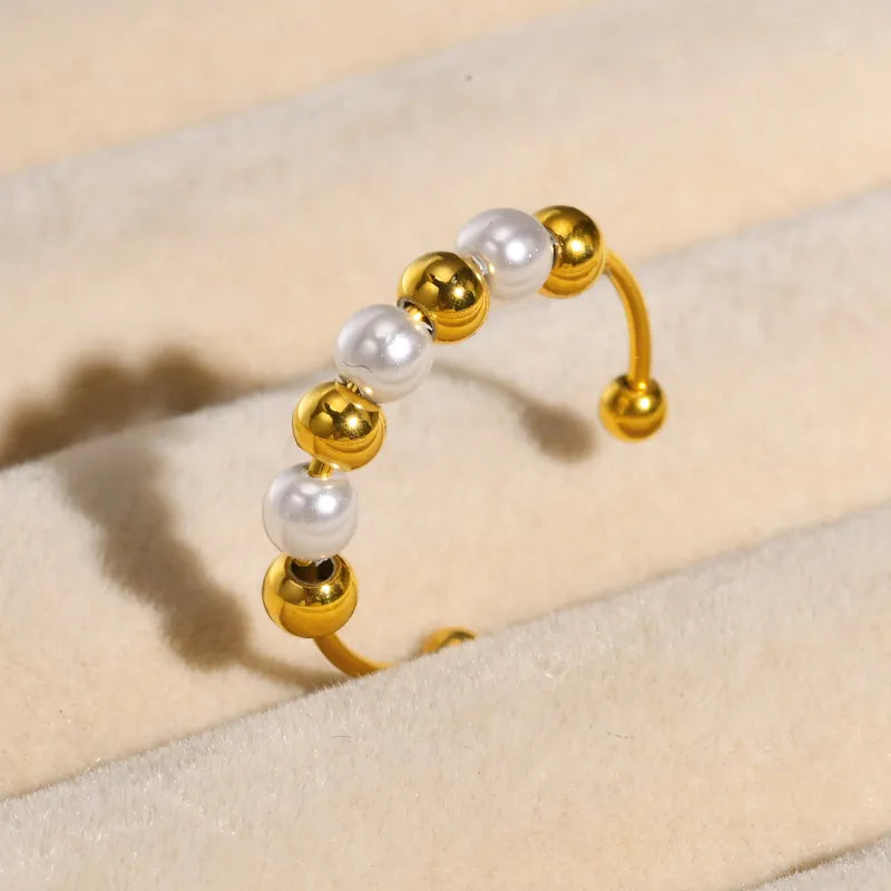 Stainless Steel 18K Gold Plated Elegant Simple Style Geometric Beaded Artificial Pearls Open Rings