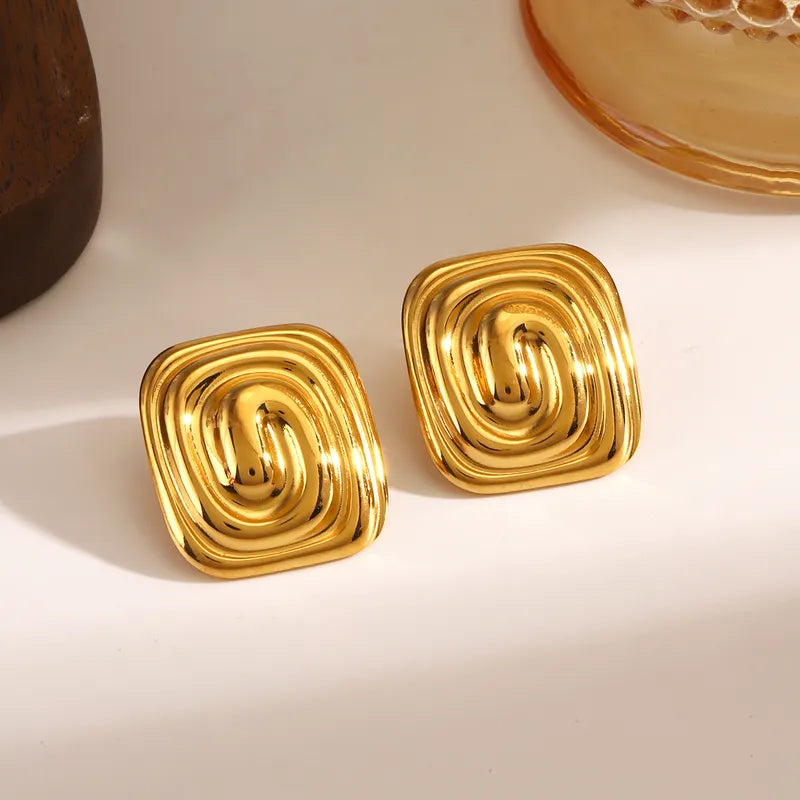 Stainless Steel 18K Gold Plated Hand Polished Geometric Square Rotating Earrings