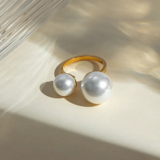 Stainless Steel 18K Gold Plated IG Style Round Inlay Pearl Open Rings