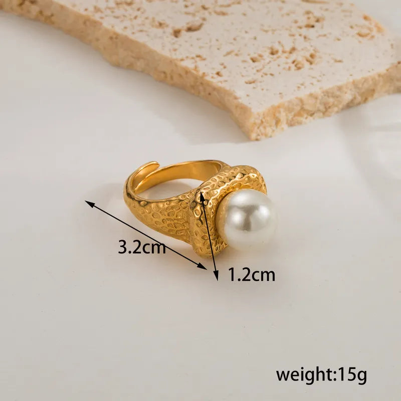 Stainless Steel 18K Gold Plated Simple Style Classic Style Plating Inlay Solid Color Artificial Pearls Open Rings