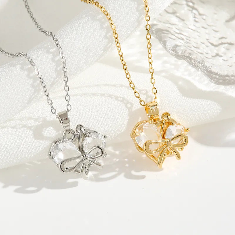 Stainless Steel Gold Plated Silver Plated Casual Commute Heart Shape Bow Knot Plating Diamond Zircon Pendant Necklace