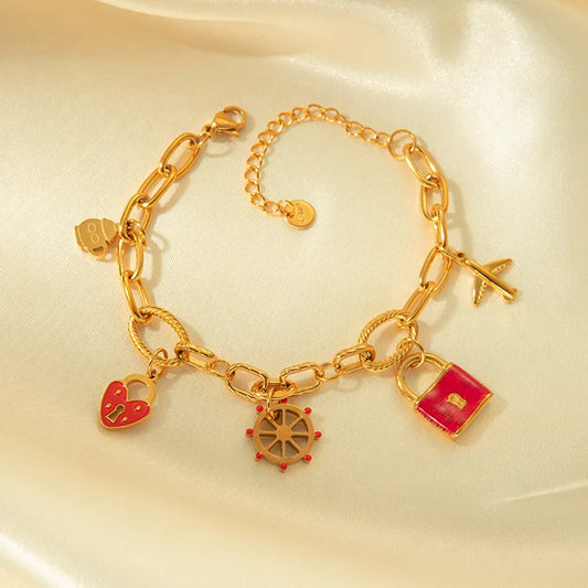 Stainless Steel Gold Plated Sweet Heart Shape Lock Enamel Bracelets