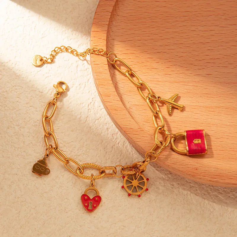 Stainless Steel Gold Plated Sweet Heart Shape Lock Enamel Bracelets