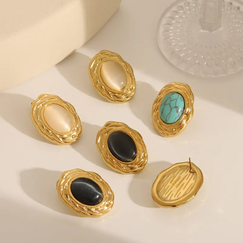 Stainless Steel Plated 18K Gold Inlaid Natural Stone Oval Stud Earrings