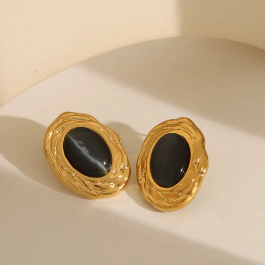 Stainless Steel Plated 18K Gold Inlaid Natural Stone Oval Stud Earrings