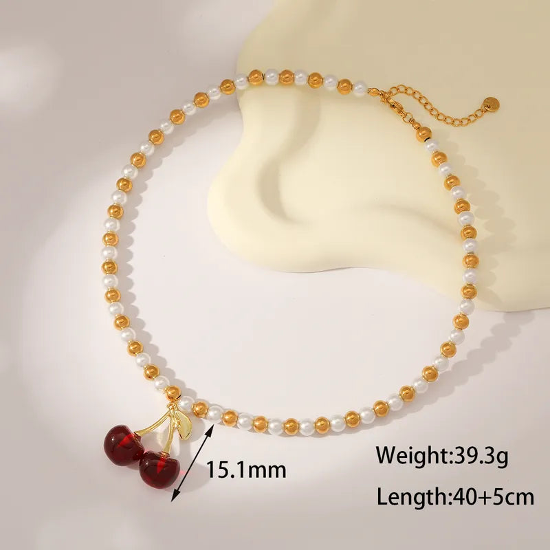 Sweet Simple Style Cherry Solid Color 18K Gold Plated Imitation Pearl 304 Stainless Steel Beaded Beaded Necklaces Wholesale