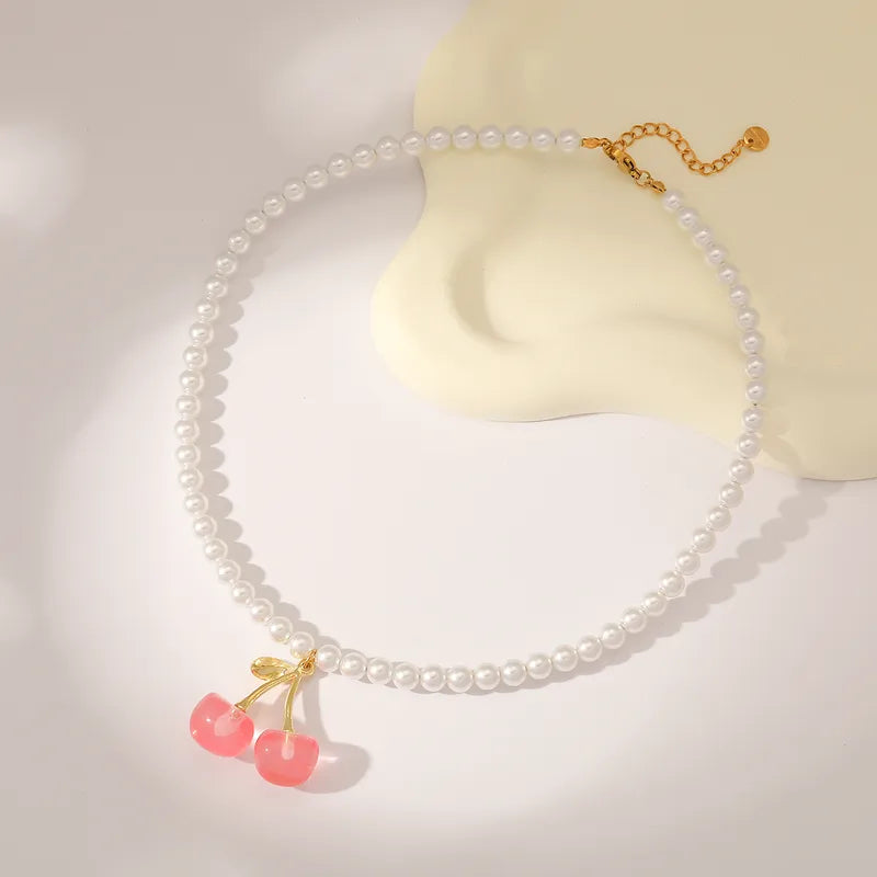 Sweet Simple Style Cherry Solid Color 18K Gold Plated Imitation Pearl 304 Stainless Steel Beaded Chain Beaded Necklaces Wholesale