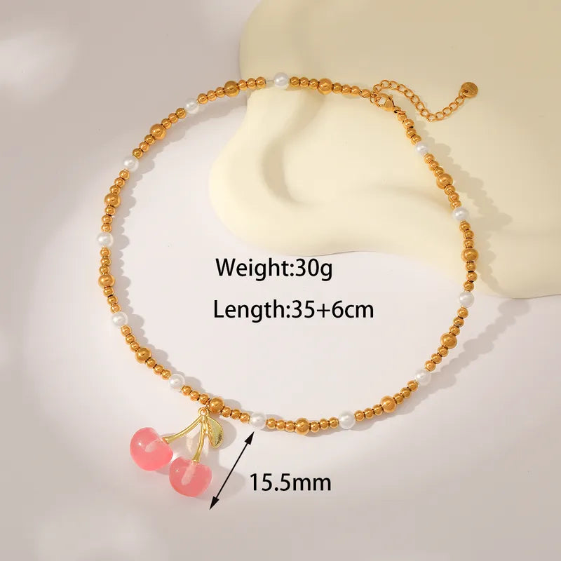 Sweet Simple Style Cherry Solid Color 18K Gold Plated Imitation Pearl 304 Stainless Steel Beaded Chain Beaded Necklaces Wholesale