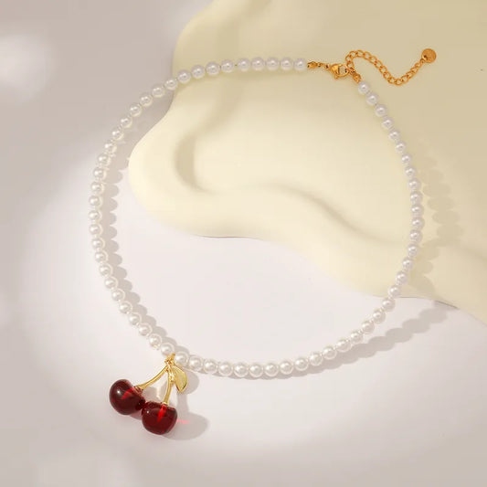 Sweet Simple Style Cherry Solid Color 18K Gold Plated Imitation Pearl 304 Stainless Steel Beaded Chain Beaded Necklaces Wholesale