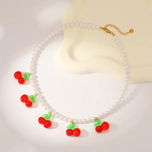 Sweet Simple Style Cherry Solid Color 18K Gold Plated Imitation Pearl 304 Stainless Steel Beaded Chain Beaded Necklaces Wholesale