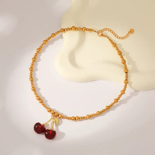 Sweet Simple Style Cherry Solid Color 18K Gold Plated Imitation Pearl 304 Stainless Steel Beaded Chain Beaded Necklaces Wholesale