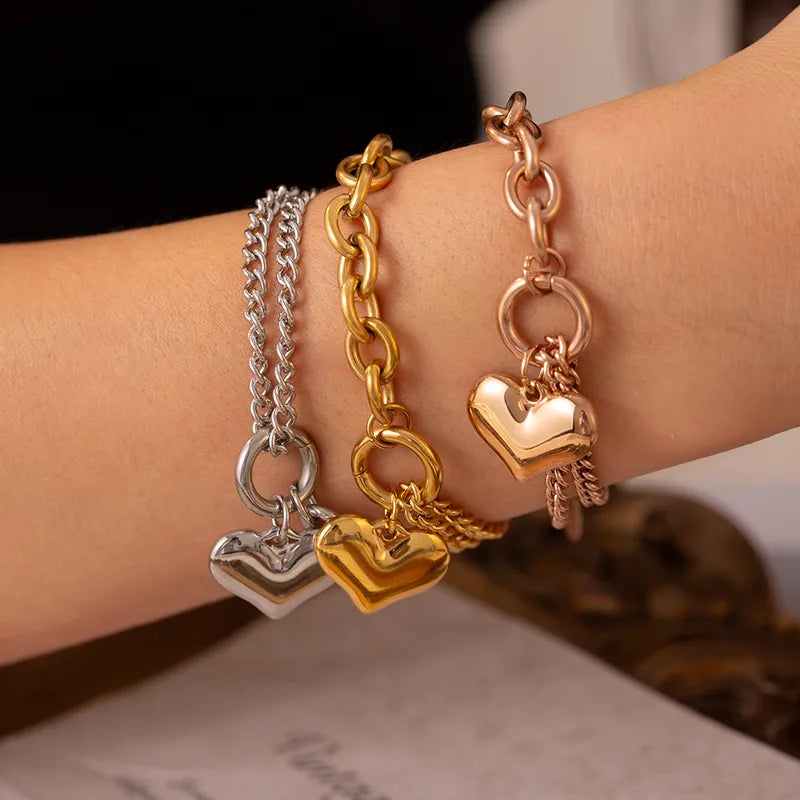 Sweet Simple Style Heart Shape 304 Stainless Steel 18K Gold Plated Rose Gold Plated Bracelets In Bulk