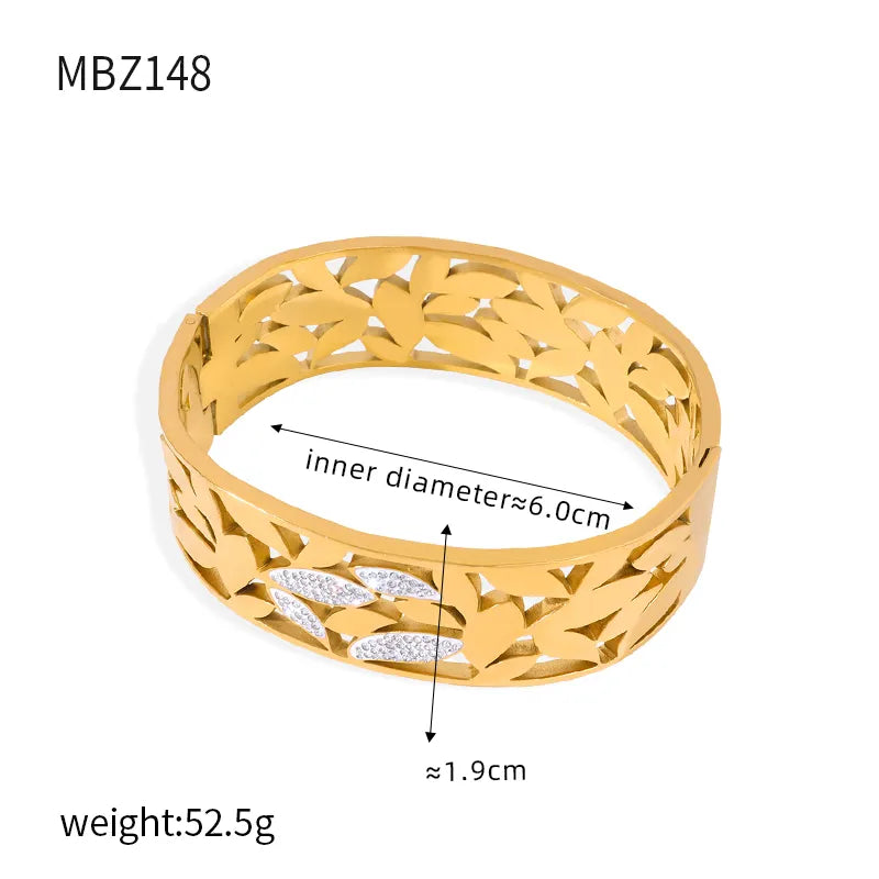 Titanium Steel 18K Gold Plated Casual Elegant Simple Style Leaves Solid Color Layered Inlay Rhinestones Bangle