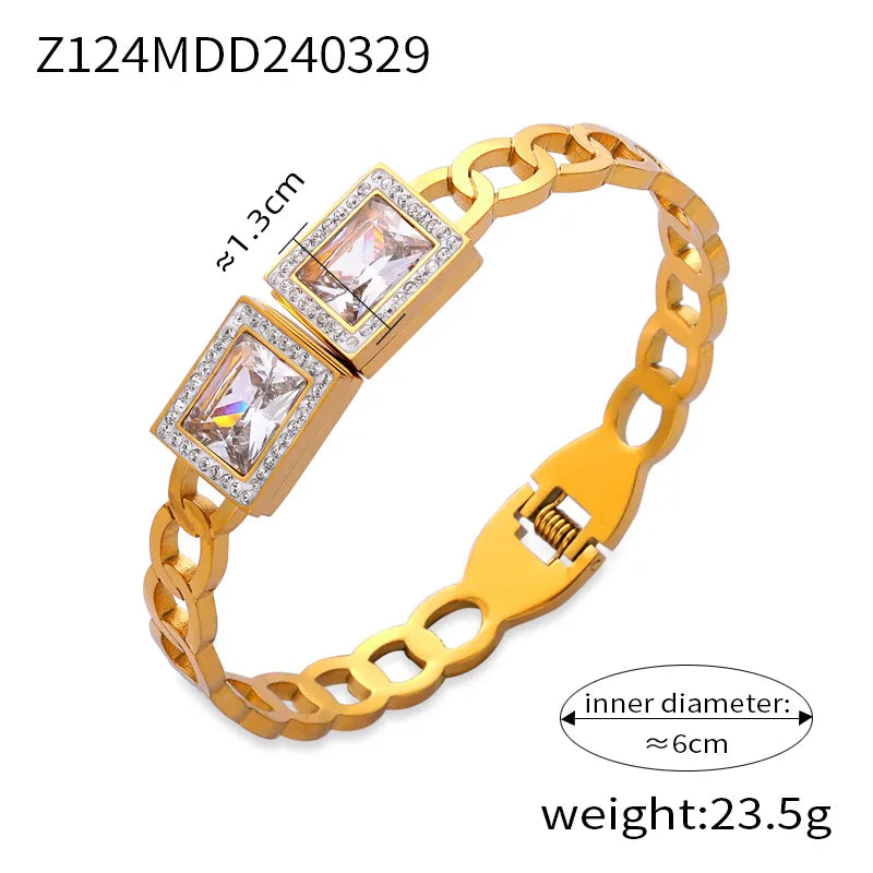 Titanium Steel 18K Gold Plated Casual Simple Style Commute Enamel Inlay Quadrilateral Round Heart Shape Acrylic Rhinestones Shell Bangle