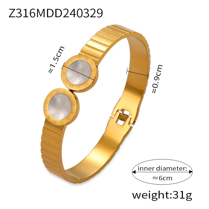 Titanium Steel 18K Gold Plated Casual Simple Style Commute Enamel Inlay Quadrilateral Round Heart Shape Acrylic Rhinestones Shell Bangle