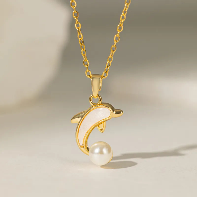 Polishing Inlay Starfish Dolphin Flower Artificial Rhinestones Pearl Pendant Necklace