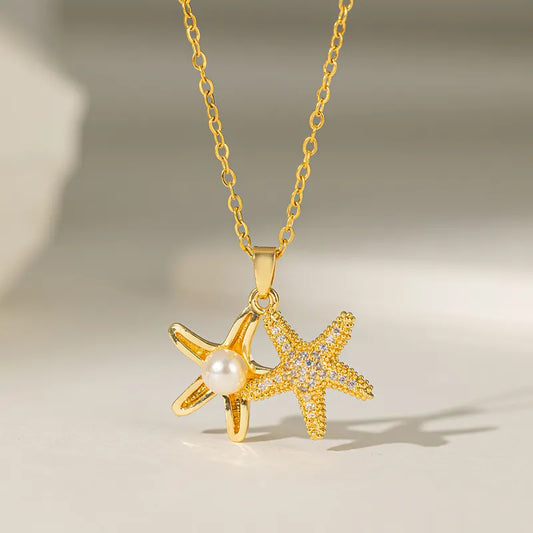 Polishing Inlay Starfish Dolphin Flower Artificial Rhinestones Pearl Pendant Necklace