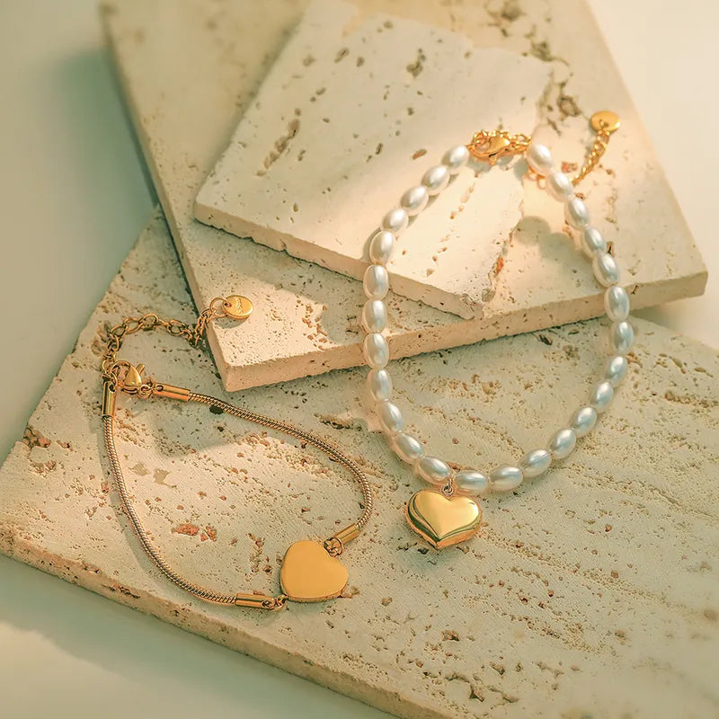 Steel 18K Gold Plated IG Style Simple Style Commute Heart Shape Beaded Bracelets