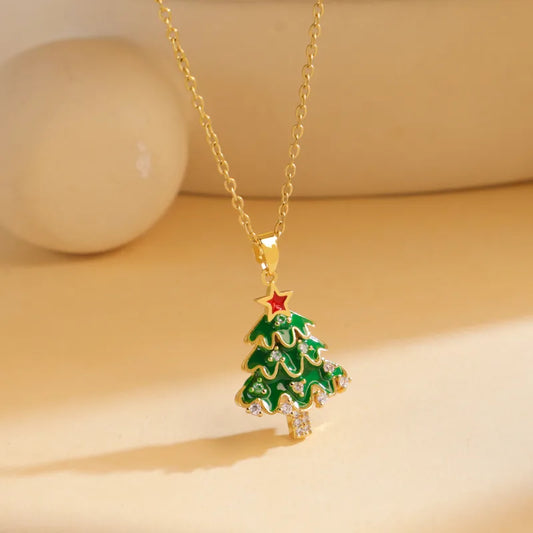 Titanium Steel Copper Cable Chain Enamel Inlay Christmas Hat Santa Claus Christmas Socks Pearl Zircon Pendant Necklace