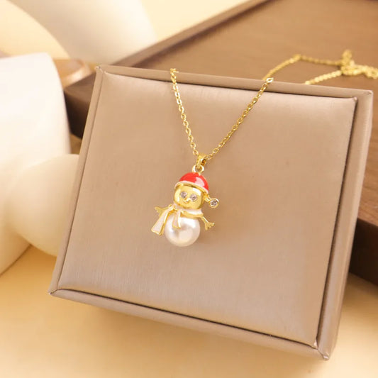 Titanium Steel Copper Cable Chain Enamel Inlay Christmas Hat Santa Claus Christmas Socks Pearl Zircon Pendant Necklace