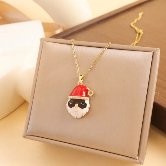 Titanium Steel Copper Cable Chain Enamel Inlay Christmas Hat Santa Claus Christmas Socks Pearl Zircon Pendant Necklace