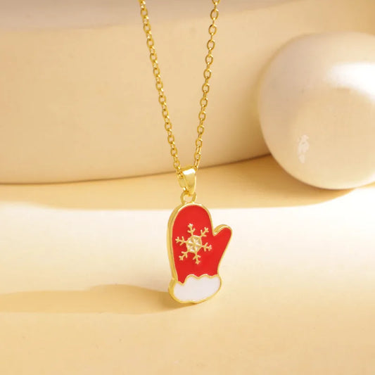 Titanium Steel Copper Cable Chain Enamel Inlay Christmas Hat Santa Claus Christmas Socks Pearl Zircon Pendant Necklace