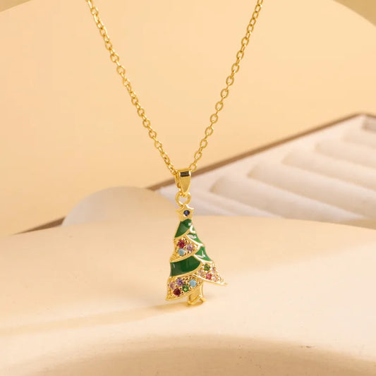 Titanium Steel Copper Cable Chain Enamel Inlay Christmas Hat Santa Claus Christmas Socks Pearl Zircon Pendant Necklace