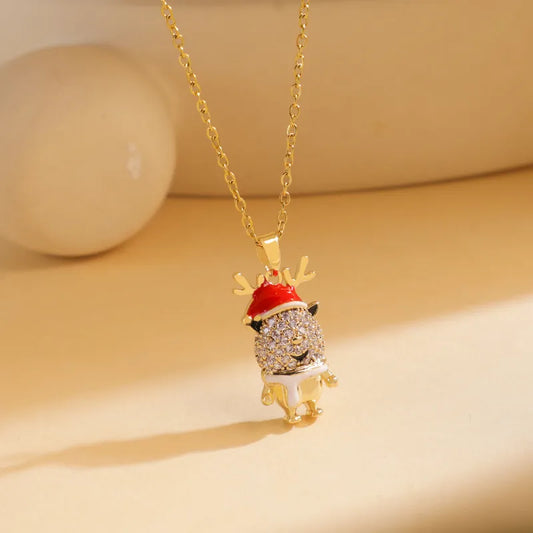 Titanium Steel Copper Cable Chain Enamel Inlay Christmas Hat Santa Claus Christmas Socks Pearl Zircon Pendant Necklace