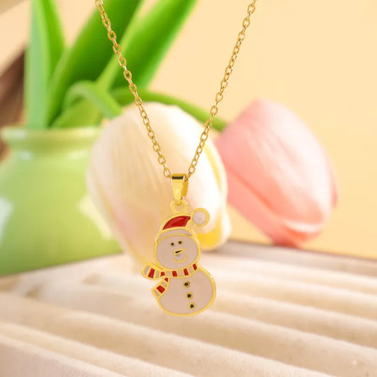 Titanium Steel Copper Cable Chain Enamel Inlay Christmas Hat Santa Claus Christmas Socks Pearl Zircon Pendant Necklace