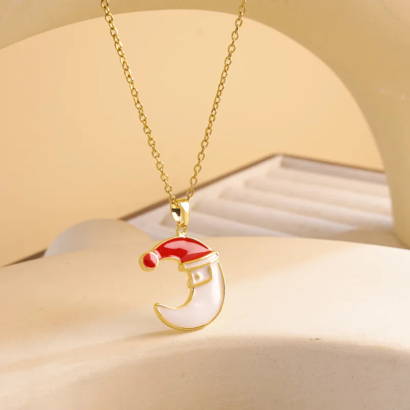 Titanium Steel Copper Cable Chain Enamel Inlay Christmas Hat Santa Claus Christmas Socks Pearl Zircon Pendant Necklace