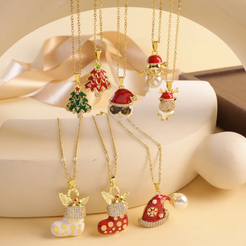 Titanium Steel Copper Cable Chain Enamel Inlay Christmas Hat Santa Claus Christmas Socks Pearl Zircon Pendant Necklace