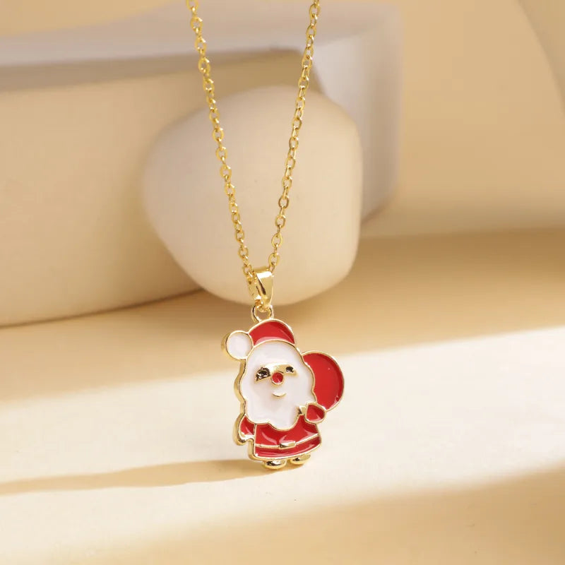 Titanium Steel Copper Cable Chain Enamel Inlay Christmas Hat Santa Claus Christmas Socks Pearl Zircon Pendant Necklace