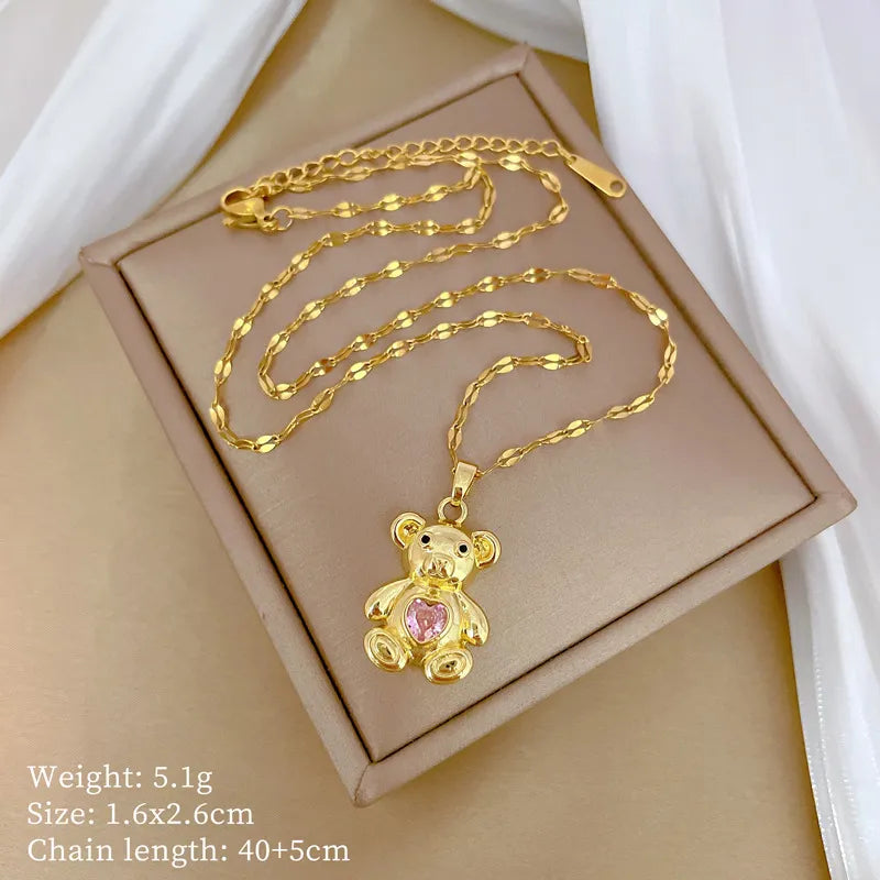 Titanium Steel Copper Gold Plated Inlay Animal Little Bear Heart Shape Zircon Pendant Necklace