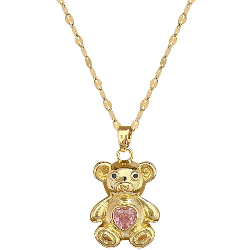 Titanium Steel Copper Gold Plated Inlay Animal Little Bear Heart Shape Zircon Pendant Necklace