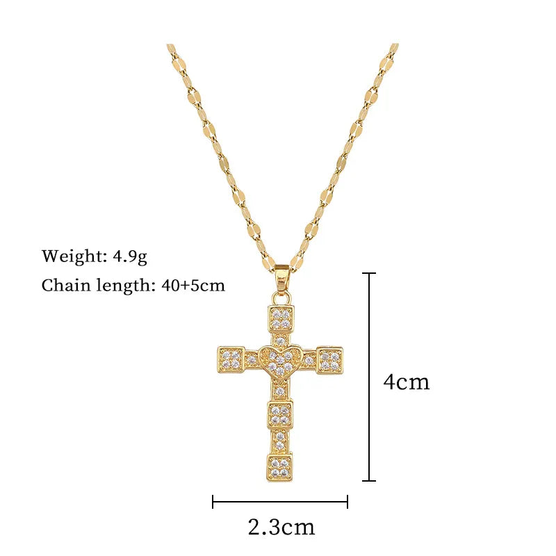 Titanium Steel Copper Gold Plated Inlay Cross Heart Shape Bow Knot Shell Zircon Pendant Necklace