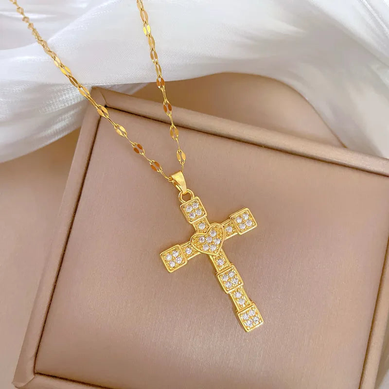 Titanium Steel Copper Gold Plated Inlay Cross Heart Shape Bow Knot Shell Zircon Pendant Necklace