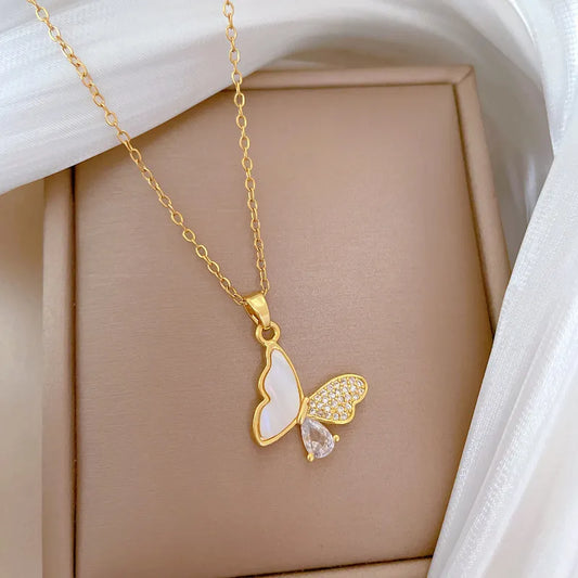 Titanium Steel Copper Gold Plated Inlay Cross Heart Shape Bow Knot Shell Zircon Pendant Necklace