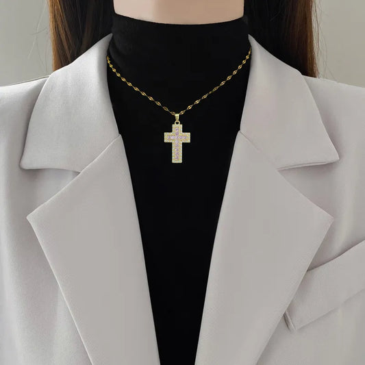 Titanium Steel Copper Gold Plated Inlay Cross Zircon Pendant Necklace