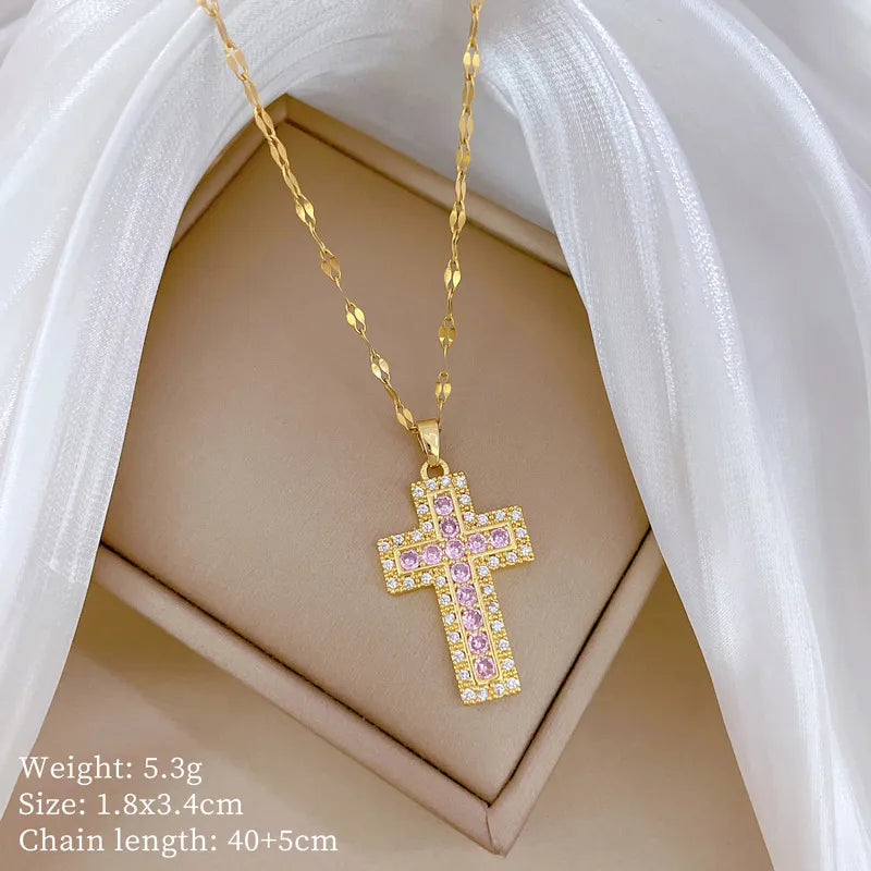 Titanium Steel Copper Gold Plated Inlay Cross Zircon Pendant Necklace