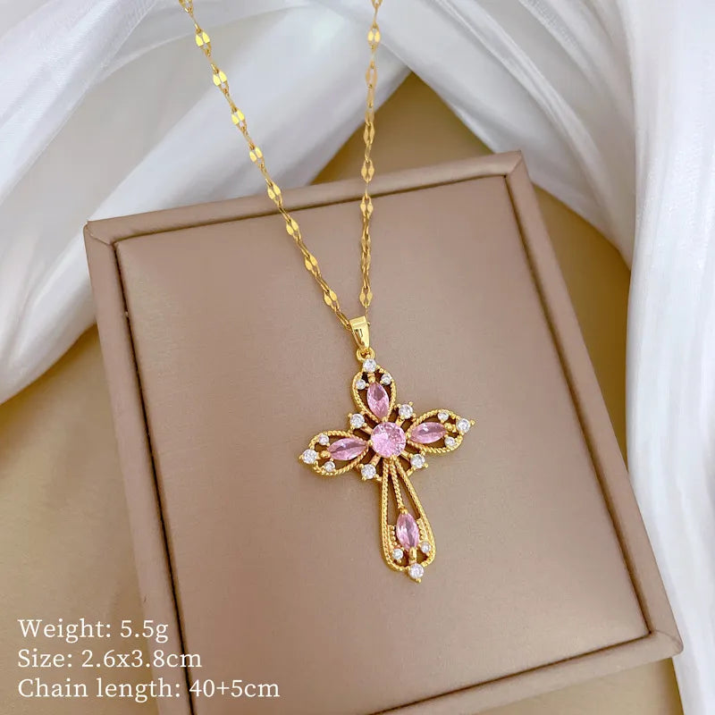 Titanium Steel Copper Gold Plated Inlay Cross Zircon Pendant Necklace