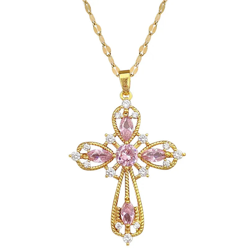 Titanium Steel Copper Gold Plated Inlay Cross Zircon Pendant Necklace