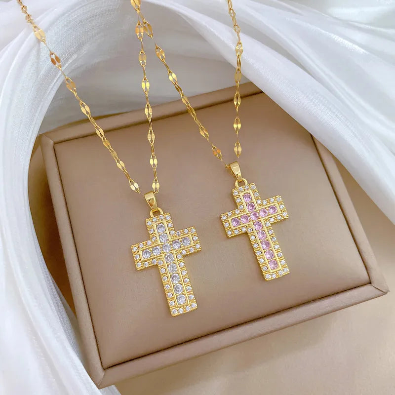 Titanium Steel Copper Gold Plated Inlay Cross Zircon Pendant Necklace