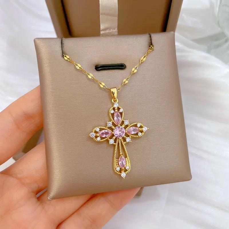 Titanium Steel Copper Gold Plated Inlay Cross Zircon Pendant Necklace