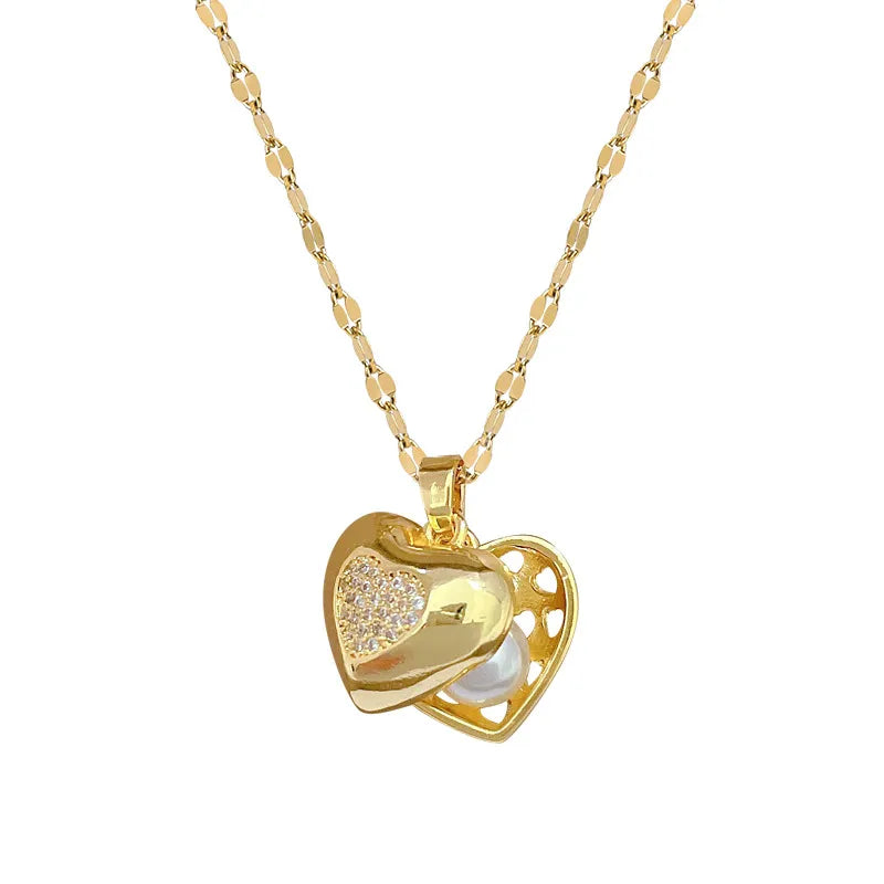 Titanium Steel Copper Gold Plated Inlay Heart Shape Artificial Pearls Zircon Pendant Necklace