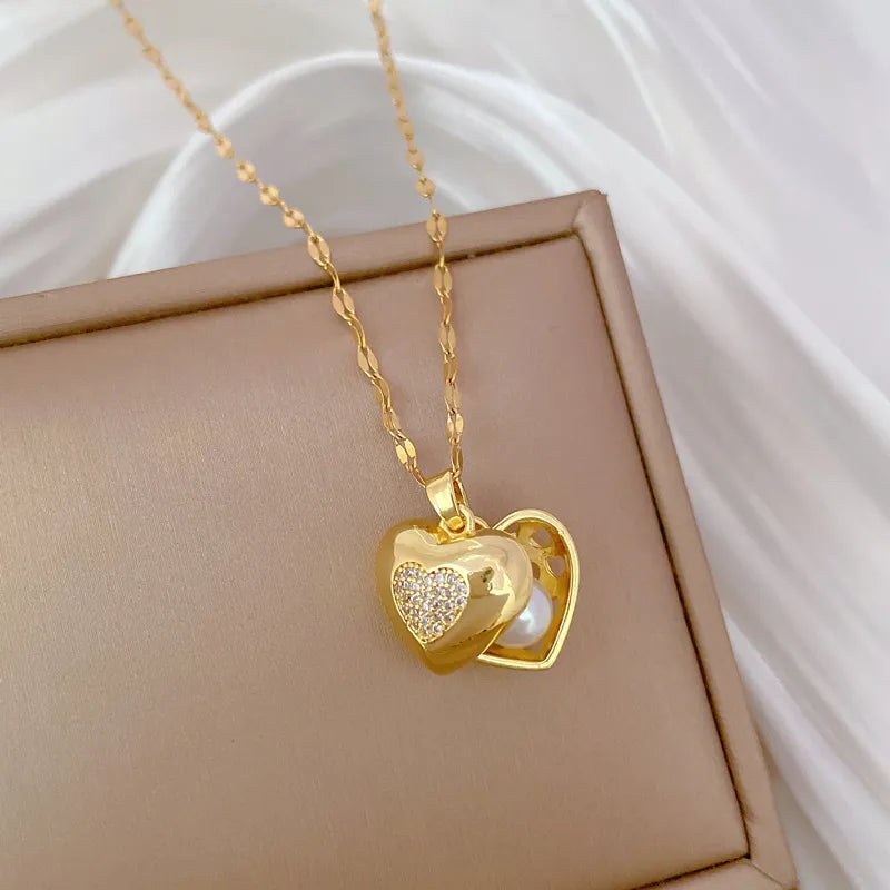 Titanium Steel Copper Gold Plated Inlay Heart Shape Artificial Pearls Zircon Pendant Necklace