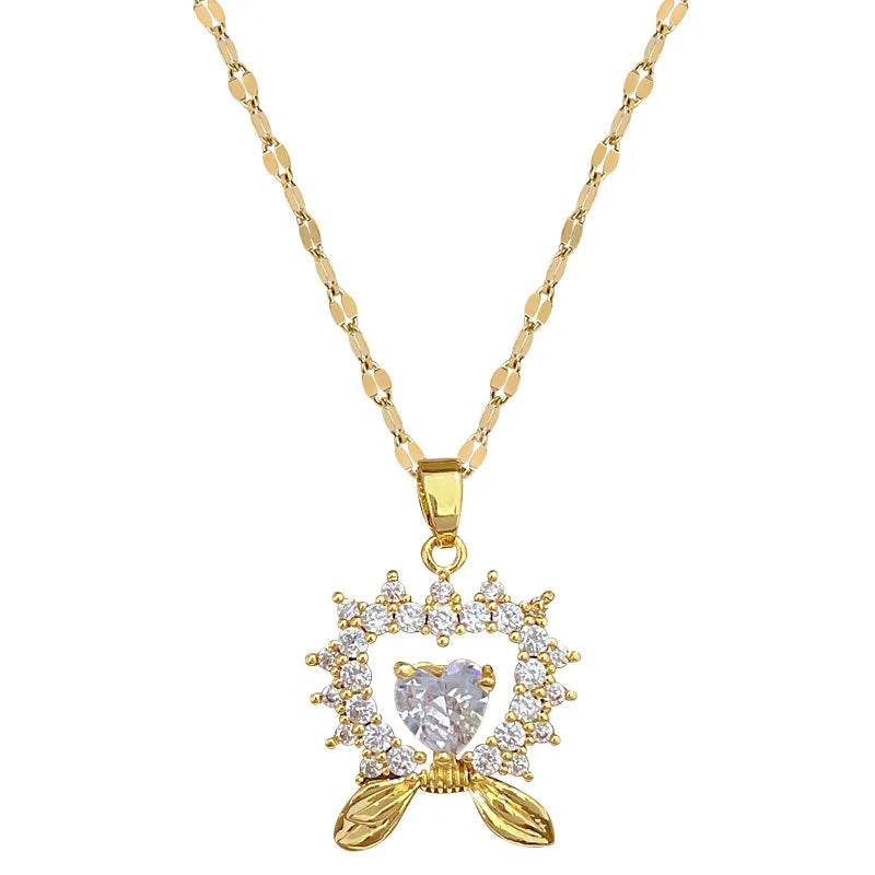 Titanium Steel Copper Gold Plated Inlay Heart Shape Bow Knot Zircon Pendant Necklace