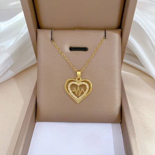 Titanium Steel Copper IG Style Luxurious Classic Style Electrocardiogram Heart Shape Hollow Out Inlay Artificial Gemstones Pendant Necklace